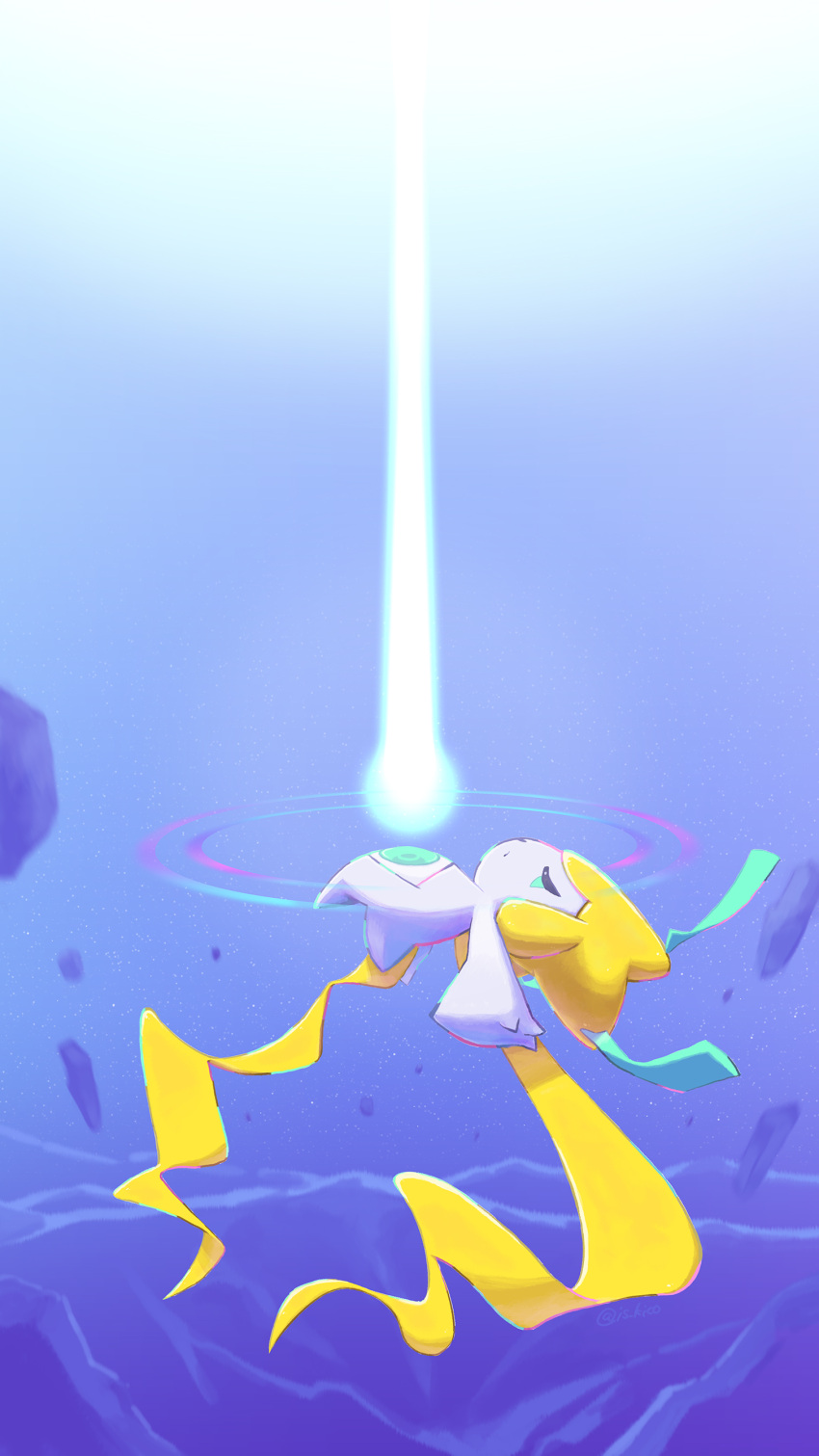 absurdres closed_eyes closed_mouth commentary_request energy_beam from_side full_body gen_3_pokemon highres jirachi kico_(iskico) mythical_pokemon no_humans outstretched_arms pokemon pokemon_(creature) rock solo