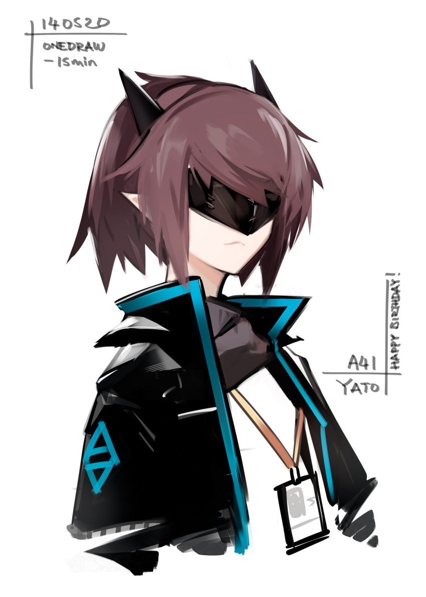 1girl arknights black_jacket black_scarf brown_hair character_name closed_mouth commentary_request cropped_torso dated deel_(rkeg) english_text eye_mask happy_birthday highres id_card jacket lanyard one-hour_drawing_challenge open_clothes open_jacket pointy_ears scarf shirt short_hair simple_background smile solo time upper_body white_background white_shirt yato_(arknights)