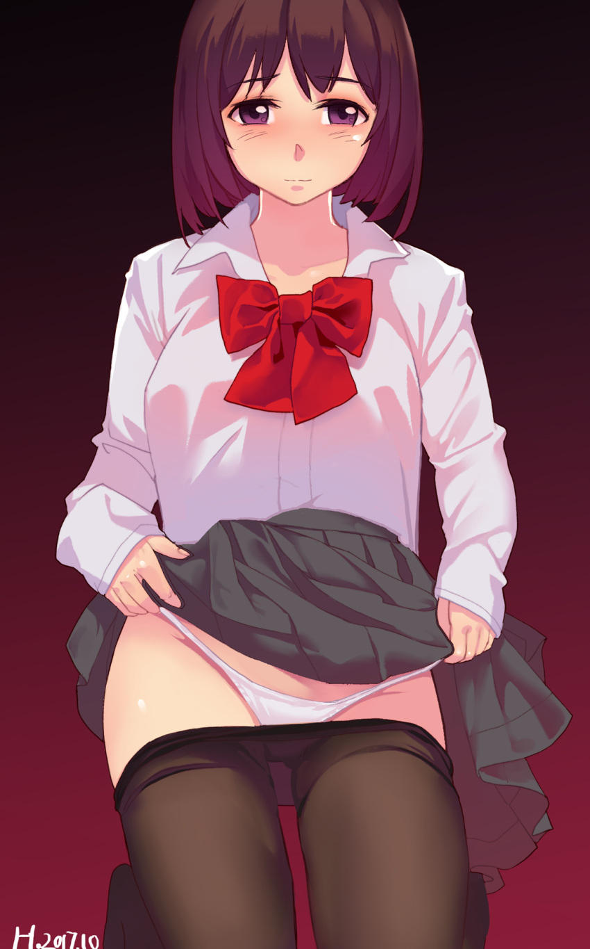 1girl black_background black_legwear black_skirt bow bowtie brown_hair closed_mouth clothes_lift clothes_pull collared_shirt commentary_request dated eyebrows_visible_through_hair gradient gradient_background highres hitomi_o kneeling lifted_by_self light_blush light_smile long_sleeves looking_at_viewer original panties pantyhose pantyhose_pull pleated_skirt red_background red_neckwear school_uniform shirt short_hair skirt skirt_lift sleeves_past_wrists solo underwear violet_eyes white_panties white_shirt