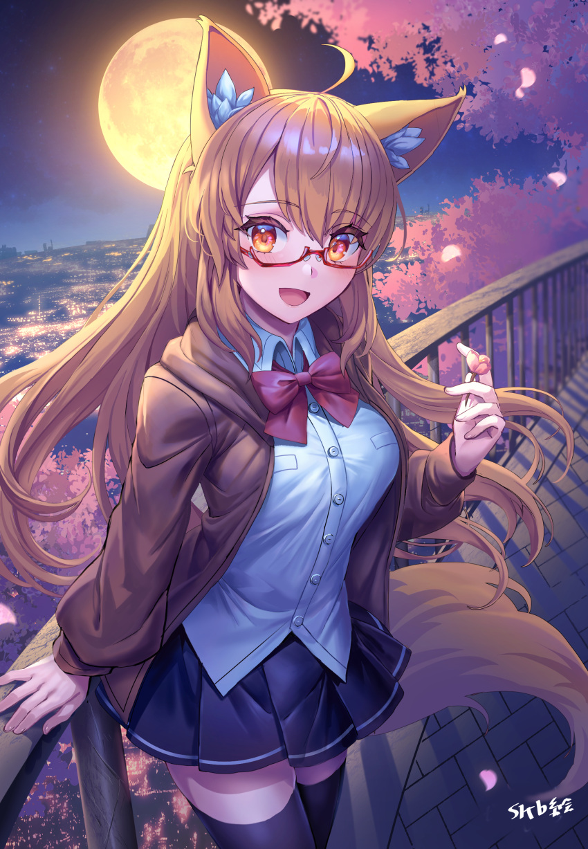 1girl :d absurdres against_railing ahoge animal_ear_fluff animal_ears black_legwear black_skirt bow bowtie breasts brown_hair brown_jacket city_lights fingernails flower fox_ears fox_tail full_moon glasses highres holding holding_flower hood hood_down hooded_jacket jacket long_hair looking_at_viewer medium_breasts miniskirt moon open_clothes open_jacket open_mouth original pleated_skirt red-framed_eyewear red_bow red_eyes red_neckwear school_uniform semi-rimless_eyewear shichigatsu shirt signature sitting skirt smile solo standing tail thigh-highs under-rim_eyewear white_shirt