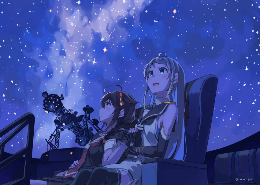2girls ahoge bangs blue_theme braid chair commentary_request dome elbow_gloves fingerless_gloves gloves hair_flaps hair_ornament hair_over_shoulder highres holding_hands indoors kantai_collection long_hair looking_up multiple_girls neckerchief necktie planetarium projector remodel_(kantai_collection) sailor_collar samidare_(kancolle) school_uniform serafuku shigure_(kancolle) shirt single_braid sky sleeveless sleeveless_shirt star_(sky) starry_sky sugue_tettou swept_bangs thigh-highs very_long_hair