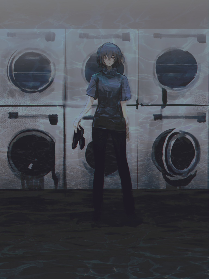 1girl black_footwear black_pants blue_hair blue_shirt closed_eyes closed_mouth commentary cookie_(touhou) full_body highres holding holding_shoes kawashiro_nitori kofji_(cookie) on_(_l0_) pants reflective_water shirt shoes shoes_removed short_hair short_sleeves solo touhou washing_machine water