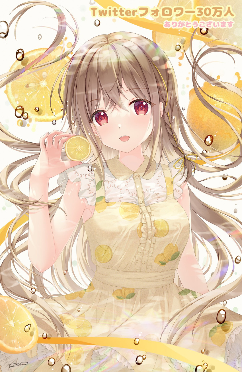 1girl :d bangs bare_arms braid breasts brown_dress brown_hair center_frills commentary_request dress eyebrows_visible_through_hair food frills fruit hair_between_eyes hand_up highres holding holding_food lemon lemon_slice long_hair open_mouth original red_eyes shirt side_braid single_braid sleeveless sleeveless_dress sleeveless_shirt small_breasts smile solo sousouman translation_request very_long_hair water_drop white_shirt