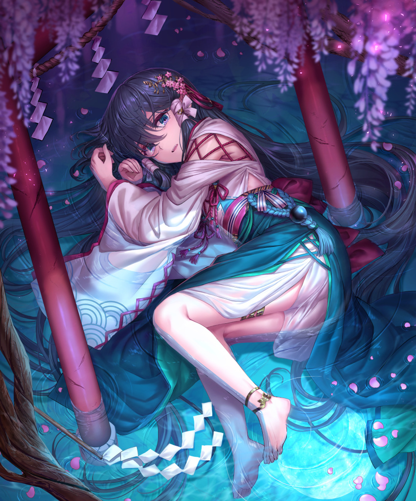 1girl absurdly_long_hair absurdres anklet barefoot black_hair flower green_eyes hair_ornament hair_tubes hands_up highres in_water japanese_clothes jewelry kimono legband legs_together long_hair long_sleeves looking_at_viewer lying obi on_side original parted_lips sash shichigatsu solo torii very_long_hair wide_sleeves