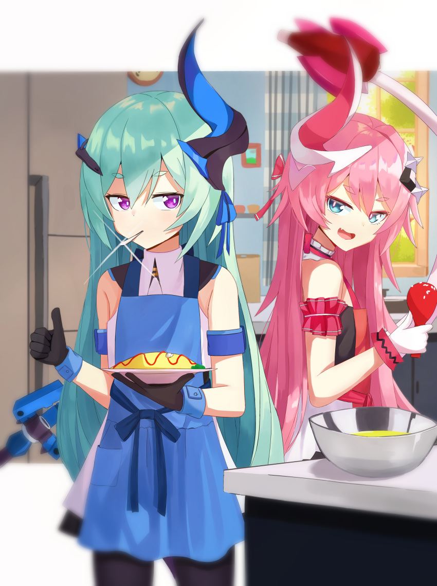 2girls :d absurdres apron bangs bare_shoulders black_gloves blue_eyes blue_hair derby_(dabidabi) food gloves hair_between_eyes hair_ornament highres holding holding_food honkai_(series) honkai_impact_3rd horns indoors kitchen liliya_olenyeva long_hair looking_at_another multiple_girls omelet open_mouth pink_hair refrigerator rozaliya_olenyeva siblings single_horn smile tail thumbs_up twins utensil_in_mouth white_gloves