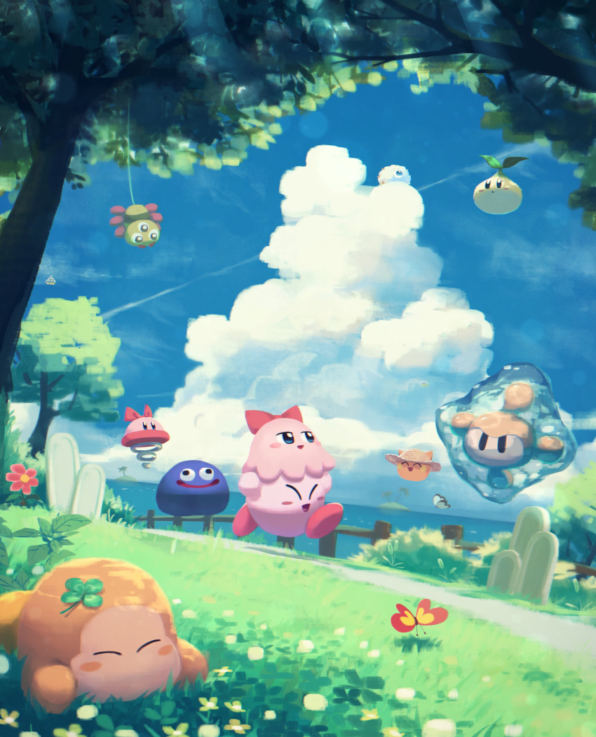 absurdres blue_eyes blue_sky blush_stickers bouncy_(kirby) bug bush butterfly cattail chuchu_(kirby) clouds clover como_(kirby) floaty_the_cell_core_(kirby) flower foley_(kirby) four-leaf_clover gooey grass highres insect island kirby kirby_(series) kracko leaf ocean palm_tree plant scarfy sky smile suyasuyabi tree ufo_(kirby) waddle_dee wall-eyed