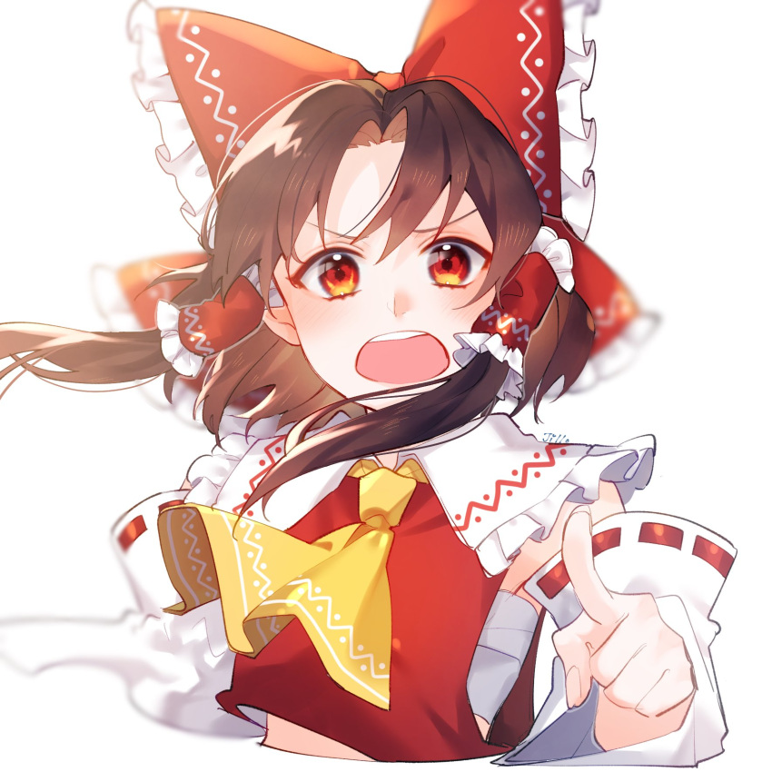 1girl artist_name bangs bare_shoulders bow brown_hair collar detached_sleeves eyebrows_visible_through_hair hair_between_eyes hair_tubes hakurei_reimu hand_up highres jill_07km long_sleeves looking_at_viewer open_mouth pointing pointing_at_viewer red_bow red_vest redhead short_hair simple_background solo teeth touhou vest white_background white_collar white_sleeves yellow_neckwear