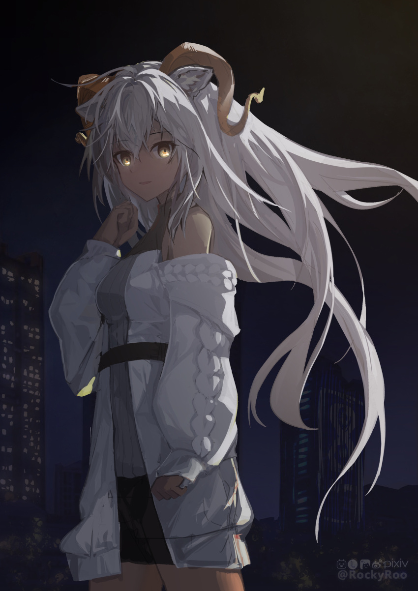 1girl absurdres animal_ears arknights beeswax_(arknights) beeswax_(weisser_sand)_(arknights) black_shorts building cardigan dark-skinned_female dark_skin goat_ears goat_girl goat_horns grey_shirt hand_up highres horns long_hair looking_at_viewer night night_sky off_shoulder official_alternate_costume open_cardigan open_clothes outdoors rockyroo shirt shorts sky skyscraper solo twitter_username white_cardigan white_hair yellow_eyes