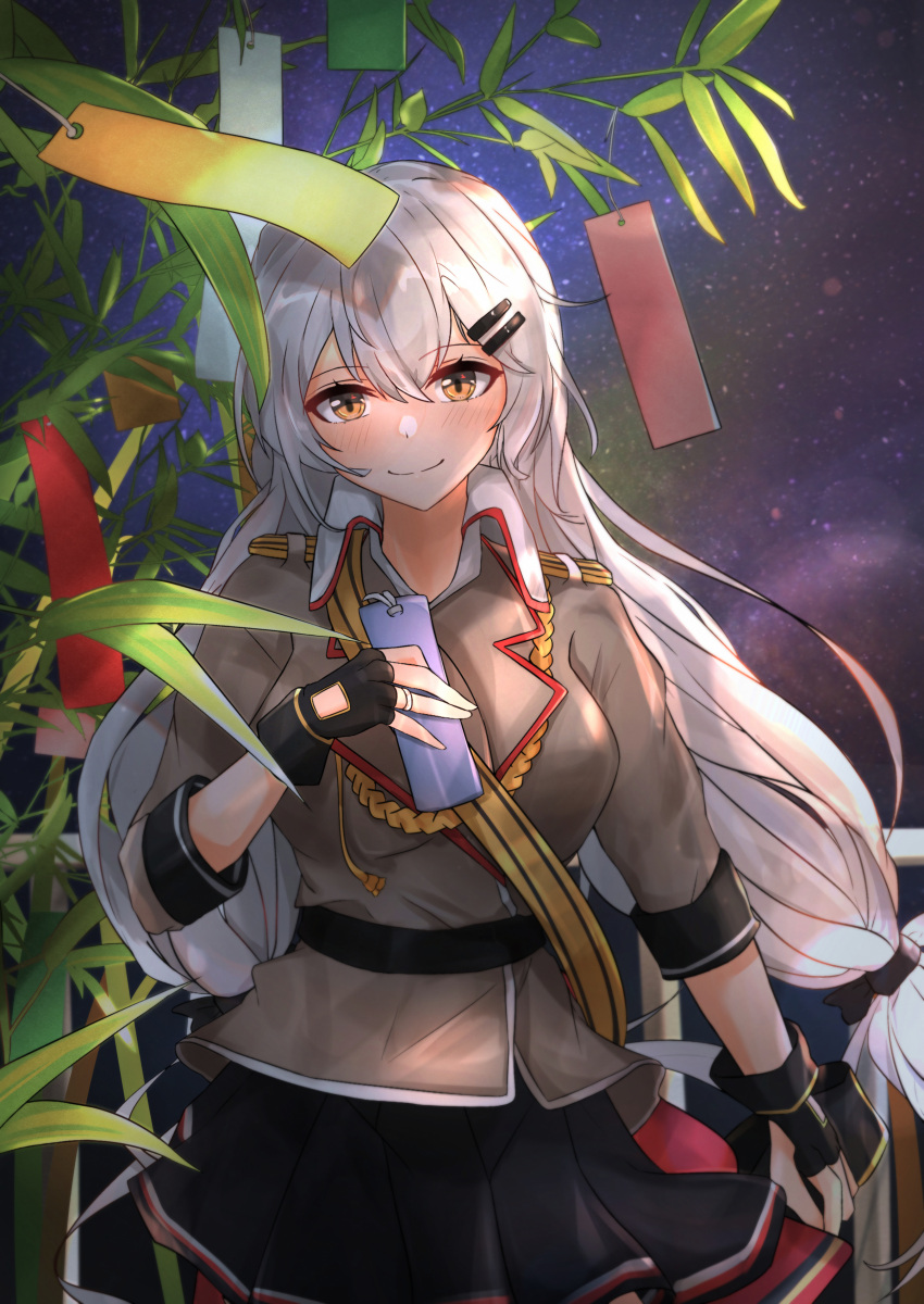 1girl absurdres bangs belt black_belt black_gloves black_ribbon black_skirt blush breasts brown_jacket closed_mouth eyebrows_visible_through_hair feet_out_of_frame flower girls_frontline gloves grey_hair hair_ribbon highres jacket jewelry long_hair looking_at_viewer muteppona_hito night night_sky partially_fingerless_gloves ribbon ring shirt silver_hair skirt sky smile solo standing star_(sky) starry_sky svd_(girls_frontline) tape uniform white_shirt yellow_eyes