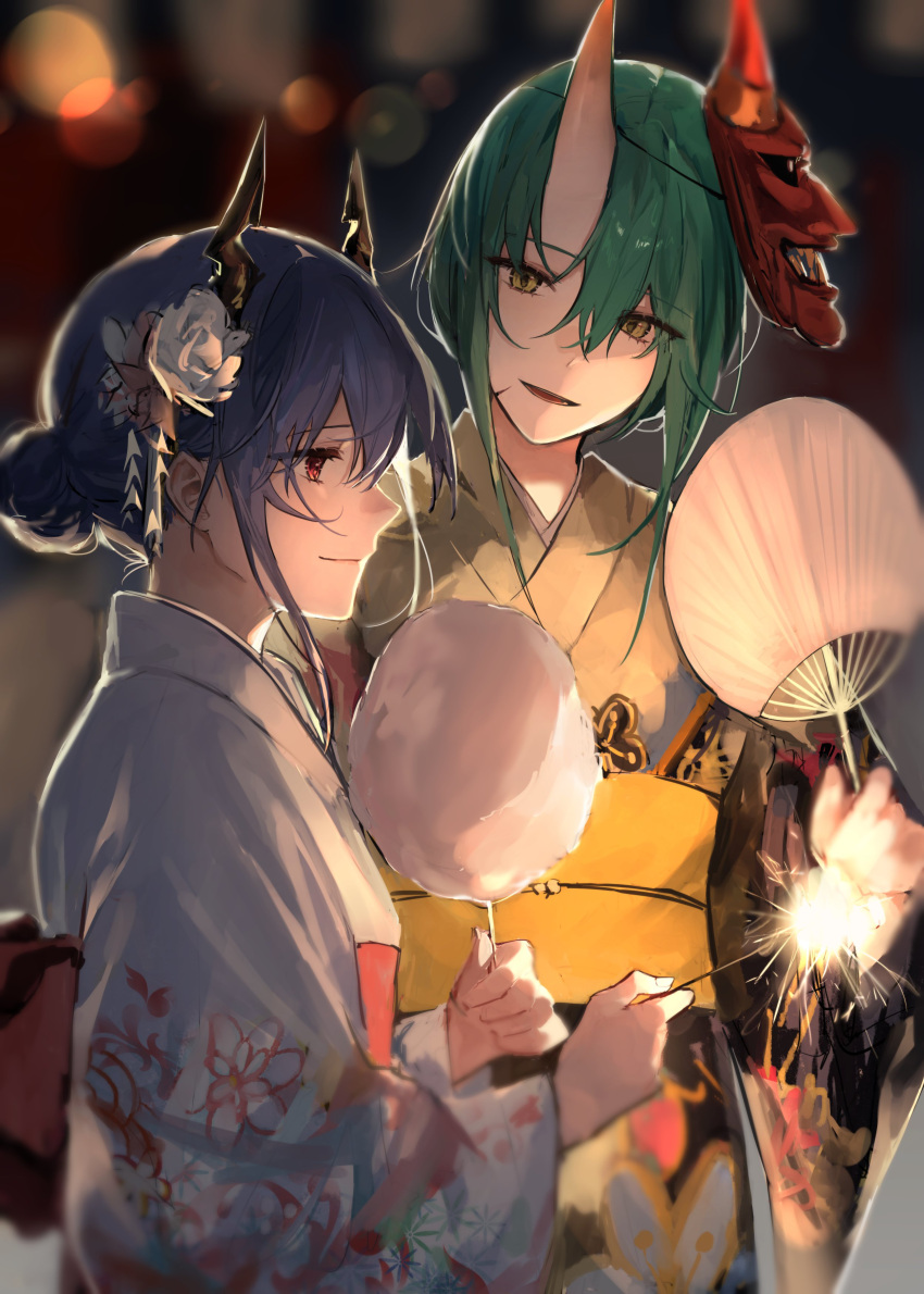 2girls absurdres arknights blue_hair blurry bokeh ch'en_(arknights) commentary cotton_candy depth_of_field dragon_horns fan flower food from_side green_hair hair_bun hair_flower hair_ornament highres holding holding_fan holding_food holding_sparkler horns hoshiguma_(arknights) japanese_clothes kimono long_hair looking_at_another lyas multiple_girls obi oni_mask red_eyes red_sash sash short_hair_with_long_locks single_horn smile symbol_commentary upper_body white_flower white_kimono yellow_eyes yellow_kimono yellow_sash