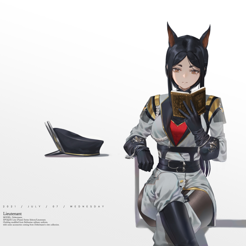 1girl animal_ears arknights black_footwear black_gloves black_hair black_headwear book boots character_name dated dobermann_(arknights) dog_ears duckking english_commentary gloves grey_jacket grey_pants hand_up hat hat_removed headwear_removed highres holding holding_book holding_sword holding_weapon jacket knee_boots leg_up long_sleeves military military_uniform official_alternate_costume pants peaked_cap reading saber_(weapon) scabbard sheath short_hair sidelocks sitting solo sword uniform weapon yellow_eyes