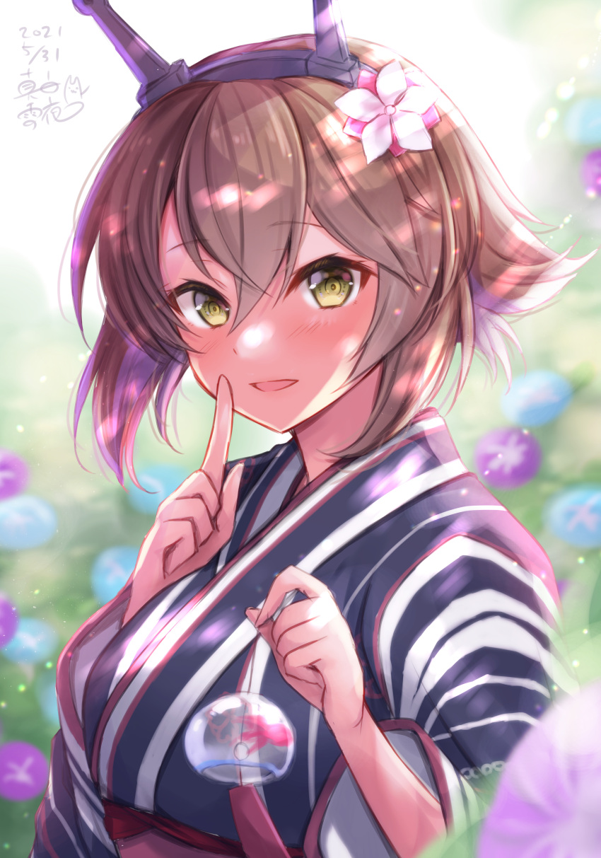 1girl absurdres brown_hair flipped_hair flower green_eyes hair_flower hair_ornament headgear highres japanese_clothes kantai_collection kimono mashiro_yukiya mutsu_(kancolle) obi official_alternate_costume radio_antenna sash short_hair solo striped striped_kimono upper_body