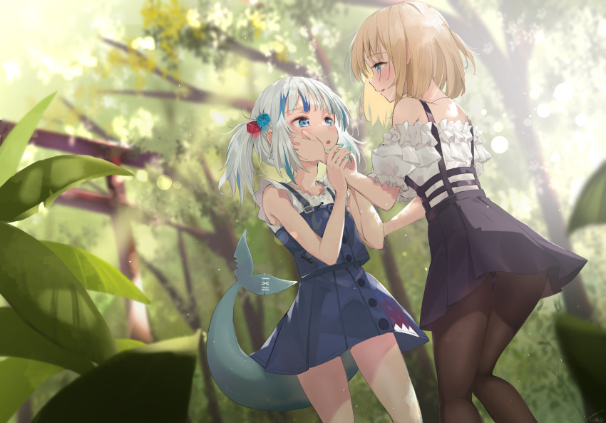2girls absurdres bangs bare_shoulders black_legwear blonde_hair blue_eyes blue_hair blush chin_grab english_commentary eye_contact eyebrows_visible_through_hair face-to-face fish_tail frills gawr_gura hair_ornament highres hololive hololive_english holomyth looking_at_another multicolored_hair multiple_girls nature outdoors pantyhose shark_girl shark_print shark_tail short_hair silver_hair skirt sleeveless strap streaked_hair sunlight tail timo_wei95 virtual_youtuber watson_amelia