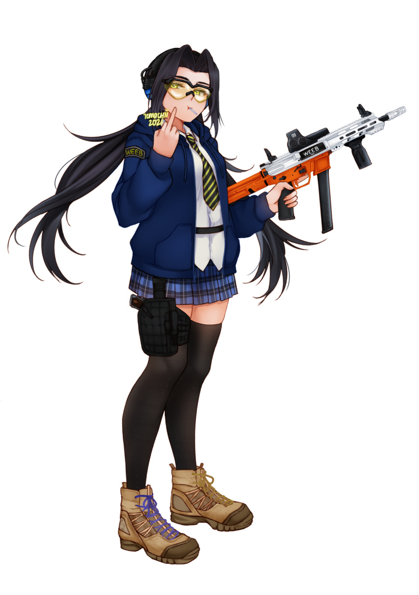 1girl :t ankle_boots artist_name assault_rifle black_hair black_legwear blue_jacket blue_skirt boots brown_footwear closed_mouth commission cross-laced_footwear dagger dated full_body goggles gun hand_up handgun highres holding holding_gun holding_weapon holster jacket knife looking_at_viewer middle_finger miniskirt mouth_hold necktie original pistol pleated_skirt pouch rifle shirt skirt solo standing striped striped_neckwear temachii thigh-highs thigh_holster transparent_background trigger_discipline untucked_shirt weapon white_shirt yellow_eyes yellow_neckwear