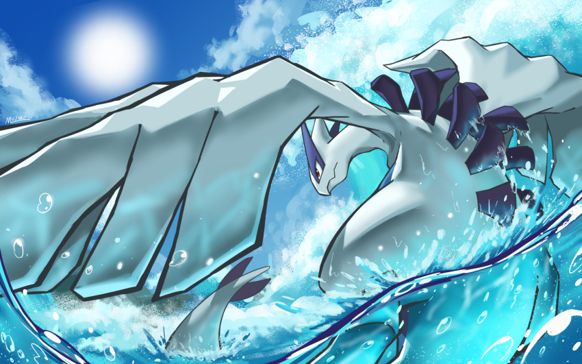 closed_mouth clouds commentary_request day from_below gen_2_pokemon legendary_pokemon lugia mujiao no_humans outdoors pokemon pokemon_(creature) red_eyes sky solo sun water water_drop