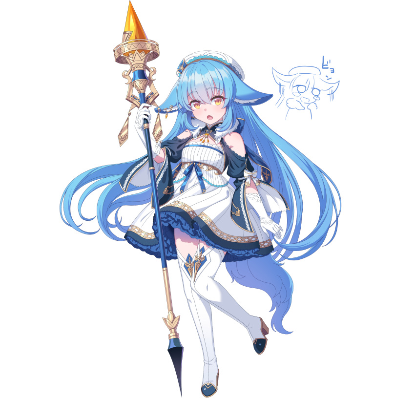 1girl absurdres animal_ears bare_shoulders blue_hair boots clothing_cutout dress fang full_body gloves high_heels highres holding holding_polearm holding_spear holding_weapon long_hair looking_at_viewer original parted_lips polearm shichigatsu short_dress shoulder_cutout simple_background solo spear standing standing_on_one_leg tail thigh-highs thigh_boots very_long_hair weapon white_background white_dress white_gloves white_legwear yellow_eyes