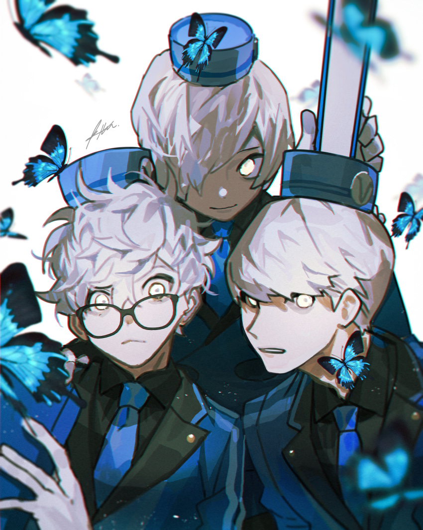 3boys absurdres alternate_costume alternate_hair_color amamiya_ren black_shirt blue_butterfly blue_headwear blue_jacket blue_neckwear book btmr_game bug butterfly closed_mouth glasses hair_between_eyes hair_over_one_eye hat highres holding holding_book insect jacket male_focus multiple_boys narukami_yuu parted_lips persona persona_3 persona_4 persona_5 shirt signature simple_background velvet_room white_background white_eyes white_hair yuuki_makoto