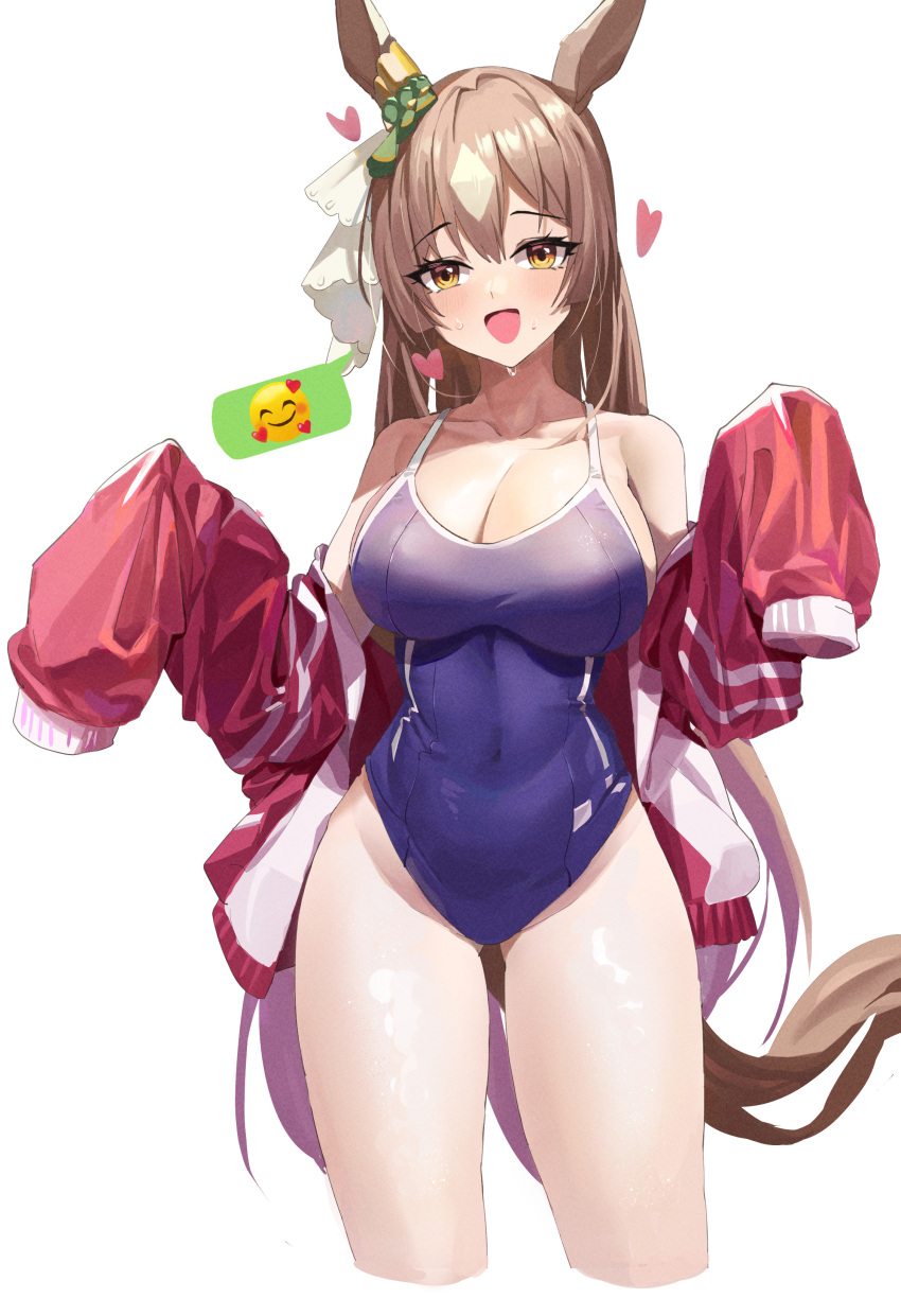 1girl :d absurdres animal_ears bangs bare_shoulders blue_swimsuit blush breasts brown_hair collarbone covered_navel cowboy_shot cropped_legs ear_ribbon eyebrows_visible_through_hair hands_up heart highres hirasawagitai horse_ears horse_girl horse_tail jacket large_breasts long_hair looking_at_viewer one-piece_swimsuit open_clothes open_jacket open_mouth red_jacket satono_diamond_(umamusume) simple_background sleeves_past_fingers sleeves_past_wrists smile solo spoken_expression standing swimsuit tail umamusume very_long_hair wet white_background yellow_eyes