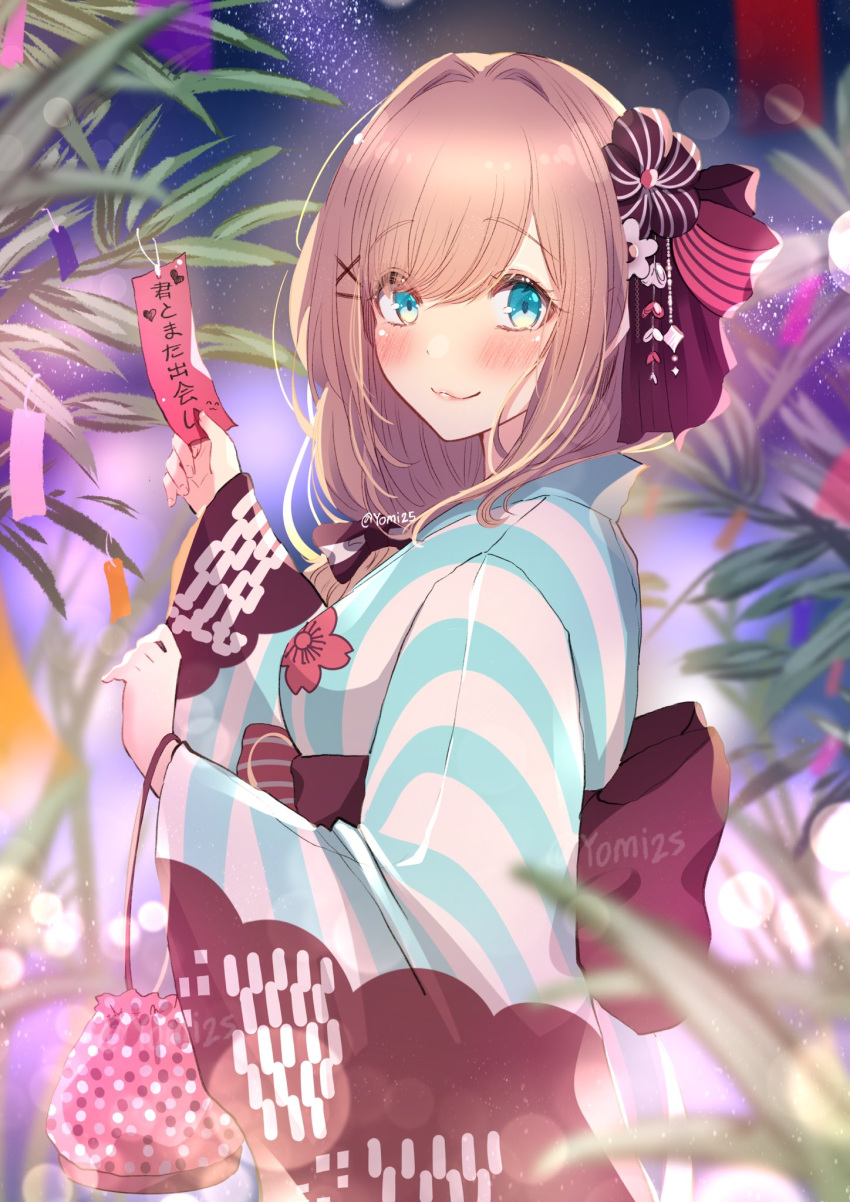 1girl :3 akano_yomi alternate_costume bangs black_bow blue_eyes bow brown_hair closed_mouth floral_print full_body hair_bow hair_ornament hair_over_shoulder highres holding japanese_clothes kimono lips long_sleeves looking_at_viewer medium_hair nail_polish nijisanji official_alternate_costume sandals signature simple_background smile solo standing straight-on striped suzuhara_lulu tanabata translated vertical_stripes virtual_youtuber white_background wide_sleeves x_hair_ornament yukata