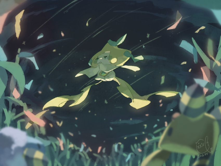 ampharos blurry closed_eyes clouds commentary_request depth_of_field floating from_below gen_2_pokemon gen_3_pokemon grass hands_up highres jirachi mareep mythical_pokemon night no_humans outdoors pokemon pokemon_(creature) ribbon sky wind zaber_(littlesuzume)