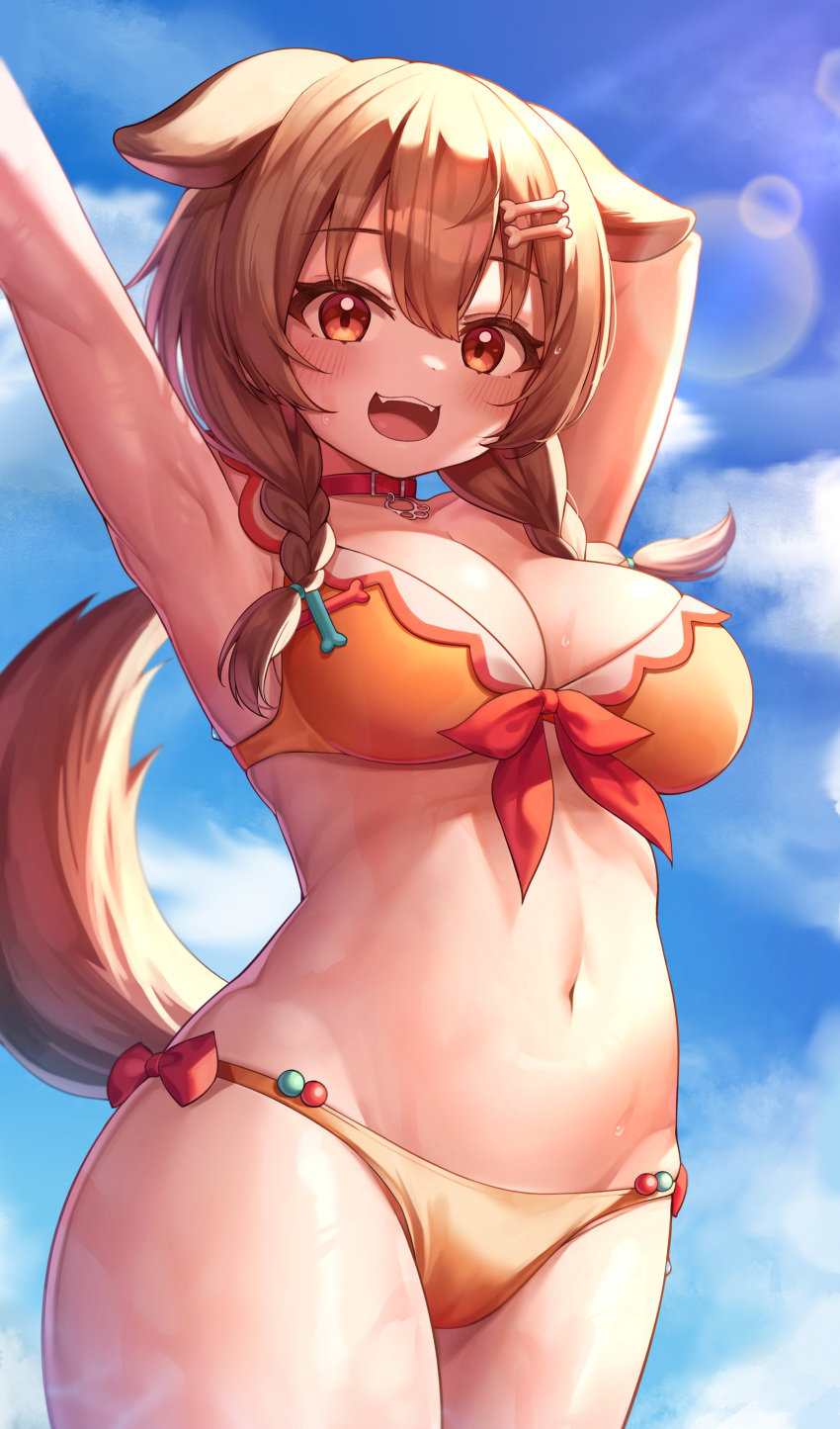 1girl :d absurdres animal_ears arm_up bikini bone_hair_ornament braid breasts brown_hair cartoon_bone deaver dog_ears hair_ornament highres hololive inugami_korone large_breasts looking_at_viewer navel open_mouth smile solo swimsuit twin_braids virtual_youtuber