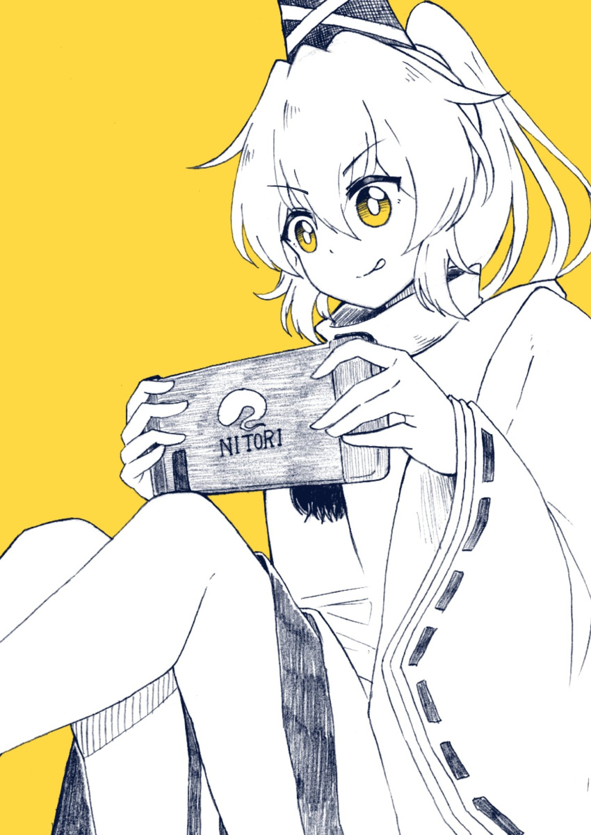 1girl :q bangs bright_pupils closed_mouth controller eyebrows_visible_through_hair game_controller greyscale gurajio hat highres holding holding_controller holding_game_controller japanese_clothes kariginu knees_up long_sleeves medium_hair monochrome mononobe_no_futo pom_pom_(clothes) ponytail ribbon-trimmed_sleeves ribbon_trim simple_background sitting smile solo symbol_commentary tate_eboshi tongue tongue_out touhou v-shaped_eyebrows wide_sleeves yellow_background yellow_eyes