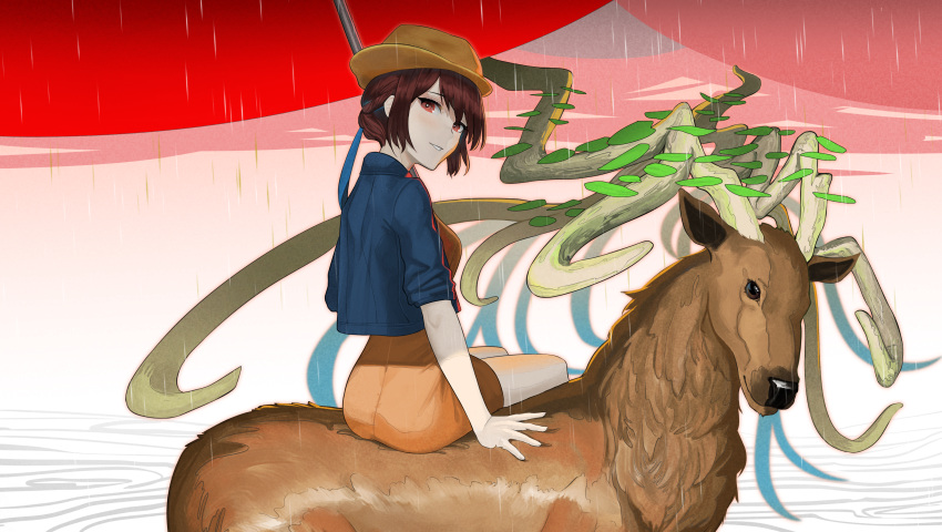 1girl 4hnyu absurdres antlers arm_support blue_jacket brown_hair commentary deer dress english_commentary fedora from_behind hat highres jacket leaf looking_at_viewer looking_back mount_fuji mountainous_horizon open_clothes open_jacket orange_dress orange_eyes original outdoors parted_lips rain red_sky riding short_hair sky solo teeth yellow_headwear