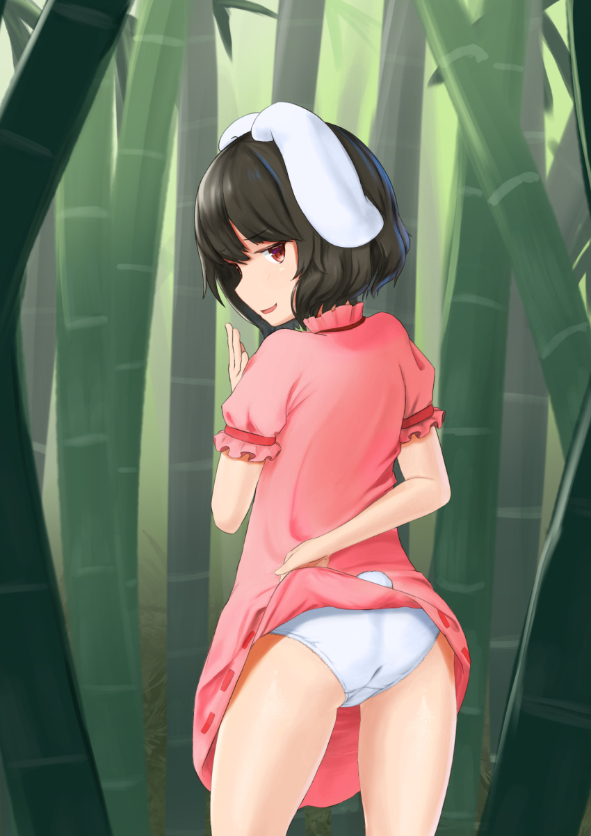 1girl animal_ears ass bamboo bamboo_forest black_hair bunny_tail clothes_lift dress dress_lift flashing forest from_behind hand_to_own_mouth highres inaba_tewi kubure lifted_by_self looking_at_viewer looking_back nature outdoors panties pink_dress rabbit_ears red_eyes short_hair short_sleeves smile solo tail thighs touhou underwear
