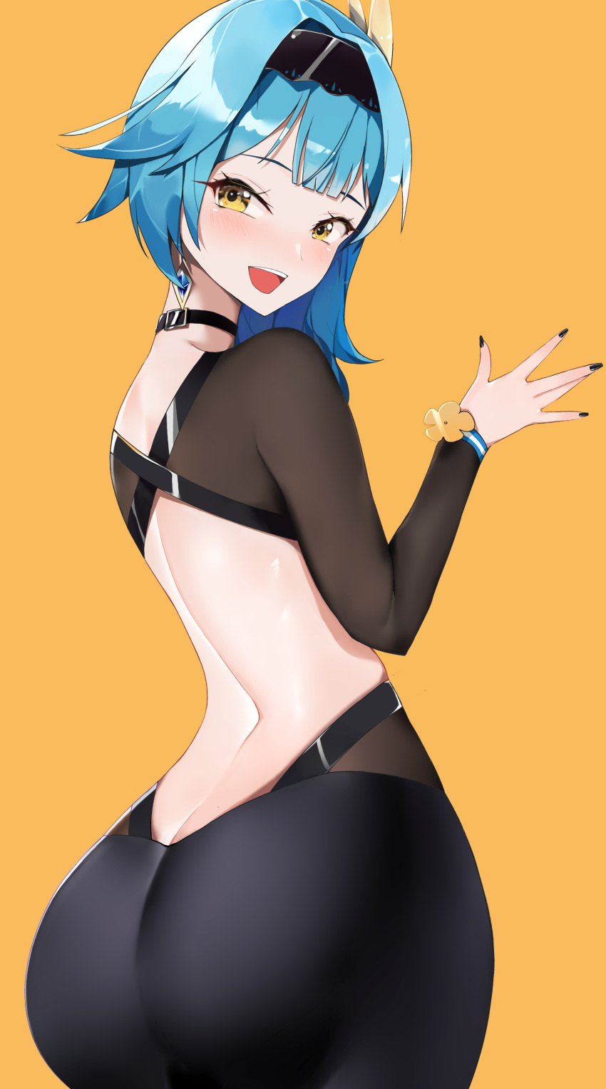 1girl :d absurdres ass backless_dress backless_outfit black_dress black_nails blue_hair blush breasts choker clothing_cutout dress earrings eula_(genshin_impact) genshin_impact hairband highres jewelry long_sleeves mutsu_ane_daisuki nail_polish open_mouth simple_background smile solo yellow_background yellow_eyes