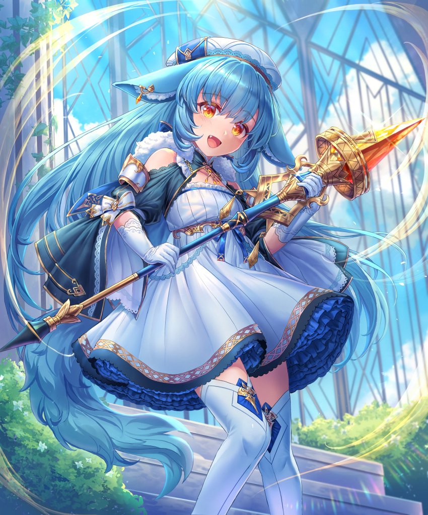 1girl :d absurdres animal_ears bare_shoulders blue_hair blurry blurry_background breasts clothing_cutout depth_of_field dress eyebrows_visible_through_hair fang gloves grass hat highres holding holding_polearm holding_spear holding_weapon long_hair looking_at_viewer open_mouth original polearm red_eyes shichigatsu short_dress shoulder_cutout small_breasts smile solo spear stairs tail thigh-highs very_long_hair weapon white_dress white_gloves white_headwear white_legwear
