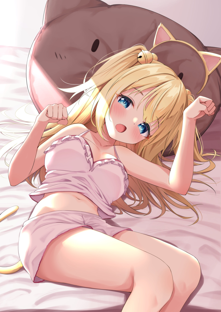 1girl bell blonde_hair blue_eyes blush bra breasts cat_pillow collarbone hair_bell hair_ornament highres jingle_bell long_hair looking_at_viewer lying medium_breasts midriff navel open_mouth original panties paw_pose pink_bra pink_panties solo syurimp thighs two_side_up underwear underwear_only