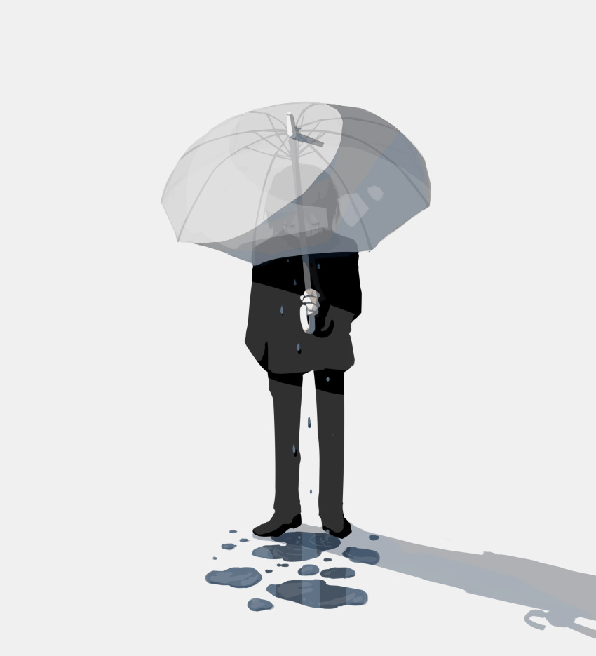 1boy absurdres avogado6 black_pants black_shirt closed_eyes commentary_request crying facing_viewer grey_background highres holding holding_umbrella male_focus original pants puddle shirt simple_background solo standing tears transparent transparent_umbrella umbrella