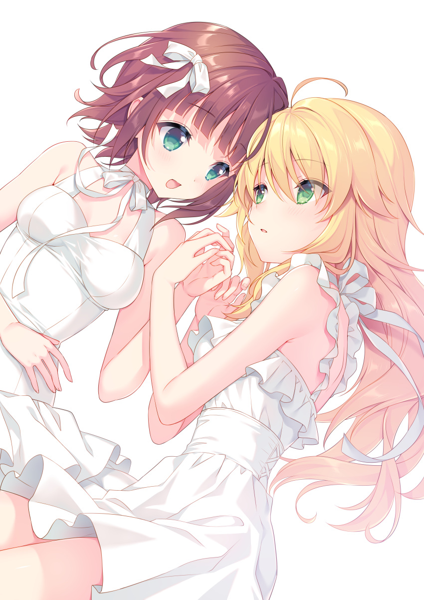 2girls :d absurdres bangs bare_arms bare_shoulders blonde_hair breasts brown_hair commentary_request commission dress eye_contact eyebrows_visible_through_hair frilled_dress frills green_eyes hair_between_eyes hand_up has_bad_revision has_downscaled_revision highres huge_filesize long_hair looking_at_another medium_breasts multiple_girls open_mouth original parted_lips pixiv_request sakura_neko simple_background sleeveless sleeveless_dress smile very_long_hair white_background white_dress