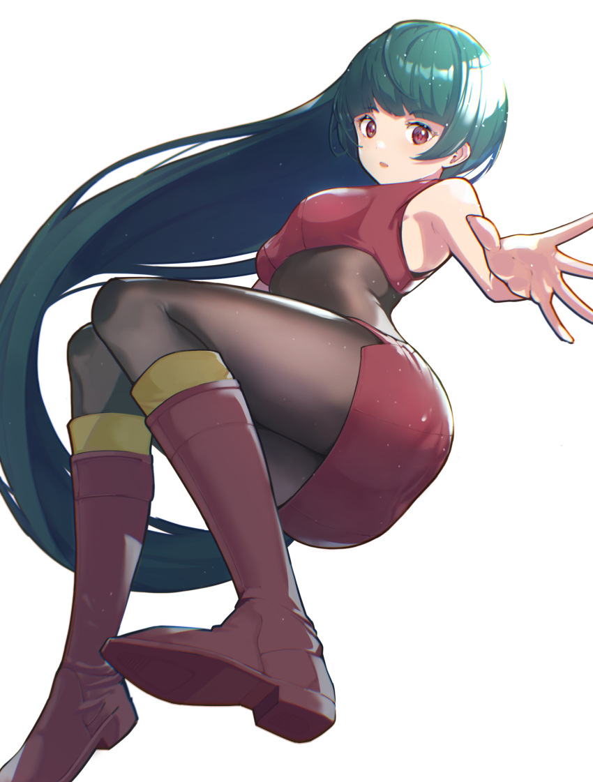 1girl absurdres bangs bare_arms bodysuit boots breasts brown_bodysuit commentary_request eyebrows_visible_through_hair floating_hair from_below green_hair gym_leader highres itou_kazuki knees_together_feet_apart long_hair looking_at_viewer parted_lips pokemon pokemon_(game) pokemon_frlg red_eyes red_footwear red_shirt red_skirt sabrina_(pokemon) shiny shiny_hair shirt side_slit simple_background skirt sleeveless sleeveless_shirt solo spread_fingers white_background