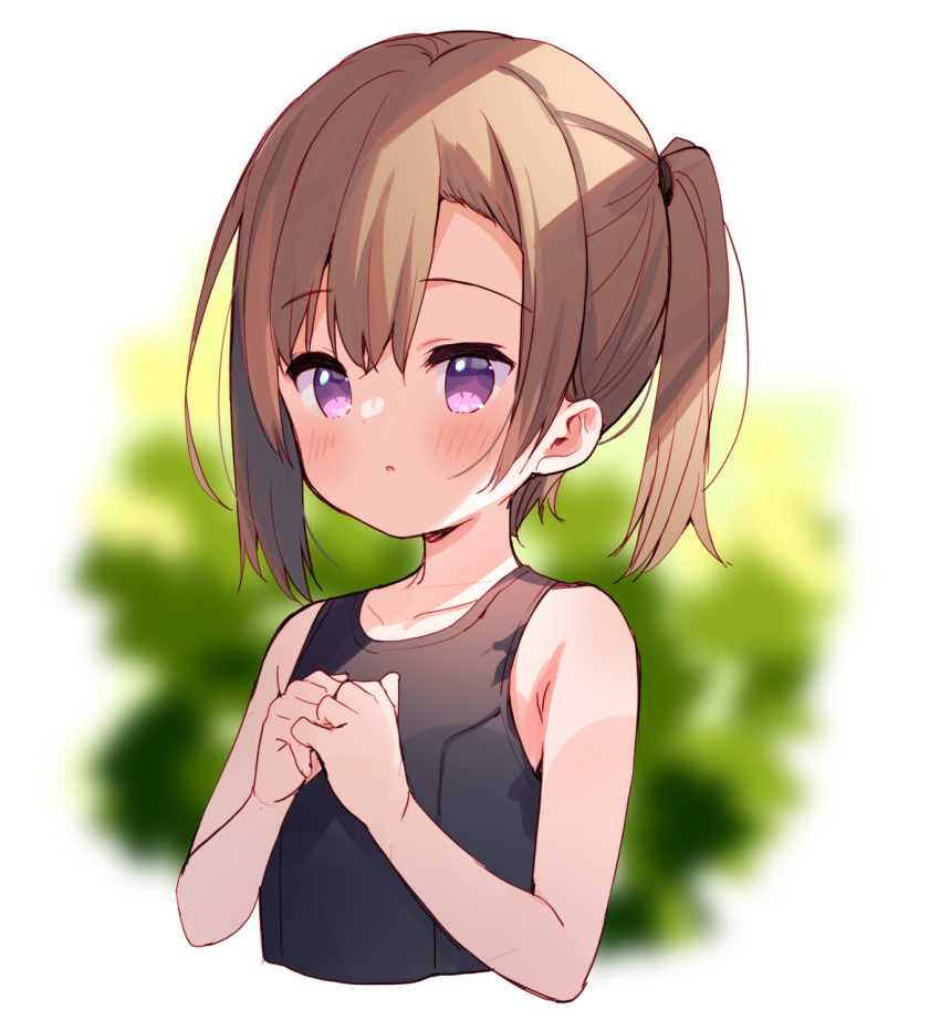 1girl :o bangs bare_arms bare_shoulders black_swimsuit blurry blurry_background blush brown_hair cropped_torso depth_of_field eyebrows_visible_through_hair hair_between_eyes hands_up highres looking_at_viewer meito_(maze) one-piece_swimsuit original parted_lips ponytail sidelocks solo swimsuit upper_body violet_eyes white_background