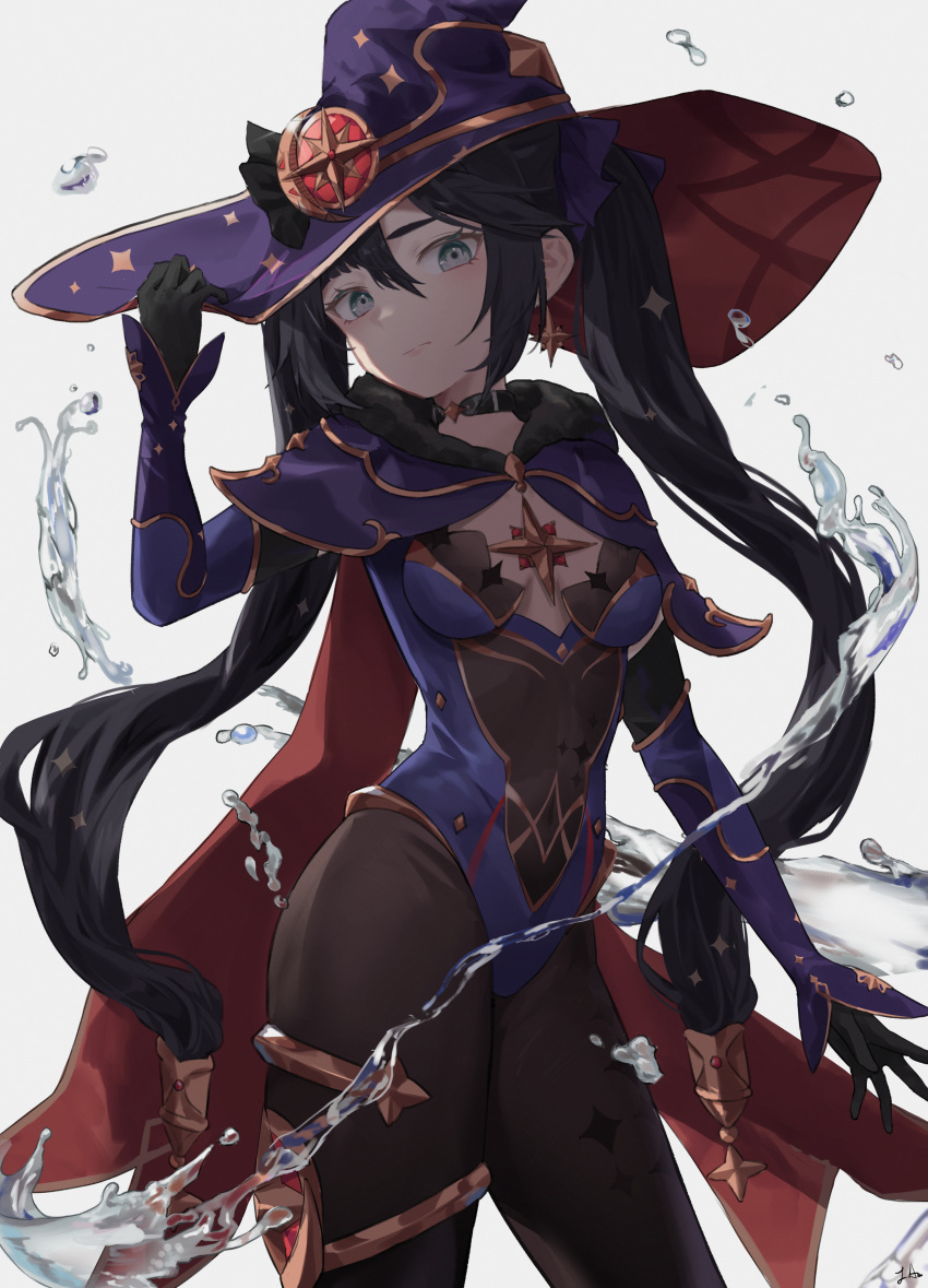 1girl absurdres black_choker black_gloves black_hair black_legwear breasts cape choker contrapposto cowboy_shot genshin_impact gloves gold_trim hand_on_headwear hat highres huge_filesize jenmin12 leotard long_hair long_sleeves looking_at_viewer mona_(genshin_impact) pantyhose purple_leotard simple_background small_breasts solo standing twintails very_long_hair water white_background witch_hat