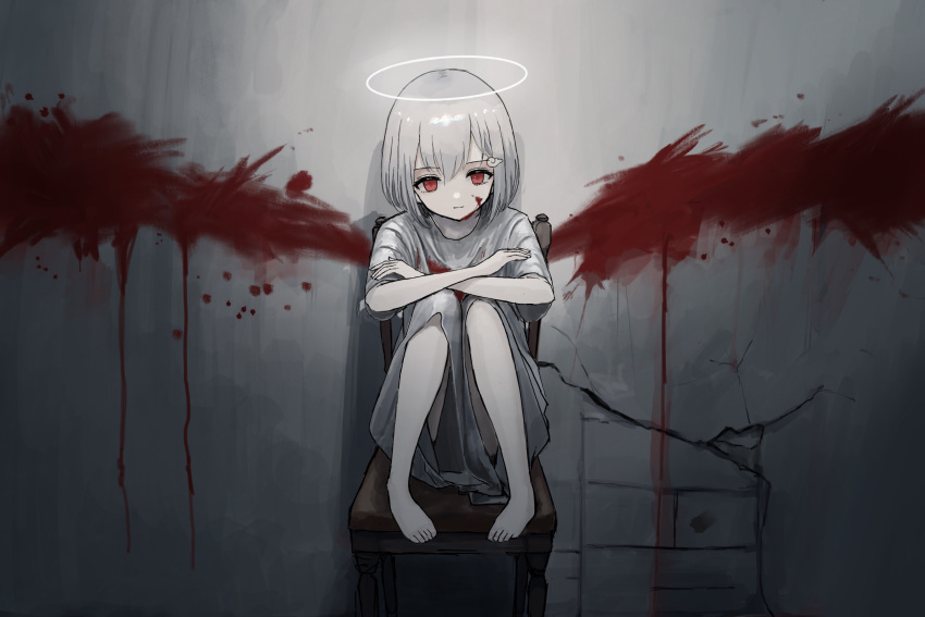 1girl angel bangs barefoot blood blood_on_face crossed_arms full_body grey_hair halo highres knees_up legs_together muted_color on_chair original pale_skin red_eyes short_hair sitting solo user_ufst7755 wall