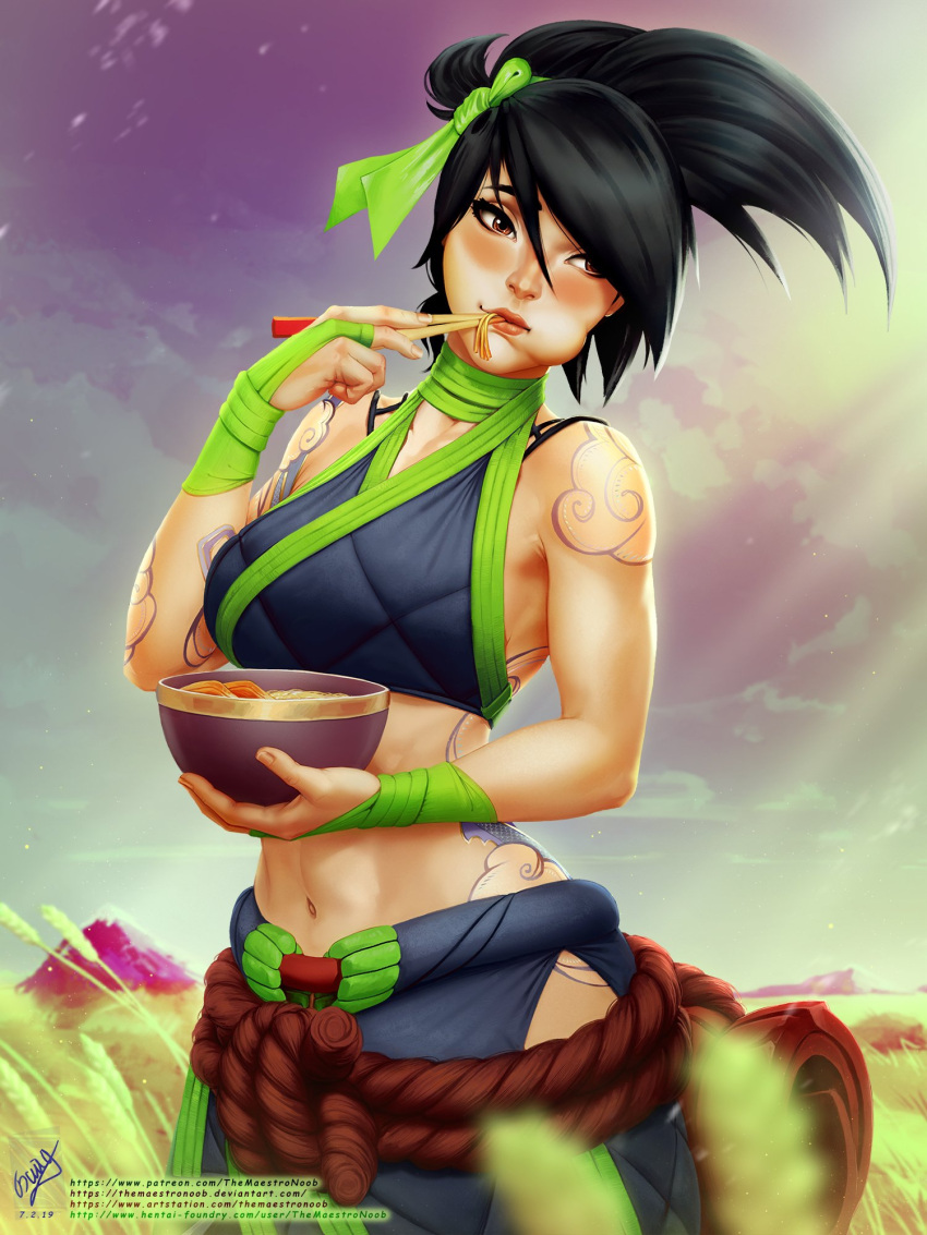 1girl akali arm_tattoo bangs black_hair blush bowl breasts brown_eyes chopsticks chopsticks_in_mouth clothing_cutout clouds cowboy_shot crop_top day eating field fingerless_gloves food food_in_mouth full-body_tattoo gloves grass grasslands green_gloves green_ribbon hair_between_eyes hair_ribbon highres holding holding_bowl league_of_legends looking_to_the_side medium_breasts midriff mountain navel ninja noodles ponytail ramen ribbon rope rope_belt shoulder_tattoo signature solo sunlight tattoo themaestronoob