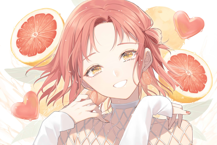 1girl absurdres earrings fingernails fishnet_top fishnets food fruit hands_up head_tilt heart highres jewelry looking_at_viewer medium_hair nail_polish orange_(food) orange_slice original red_nails red_theme redhead smile sogawa solo upper_body yellow_eyes