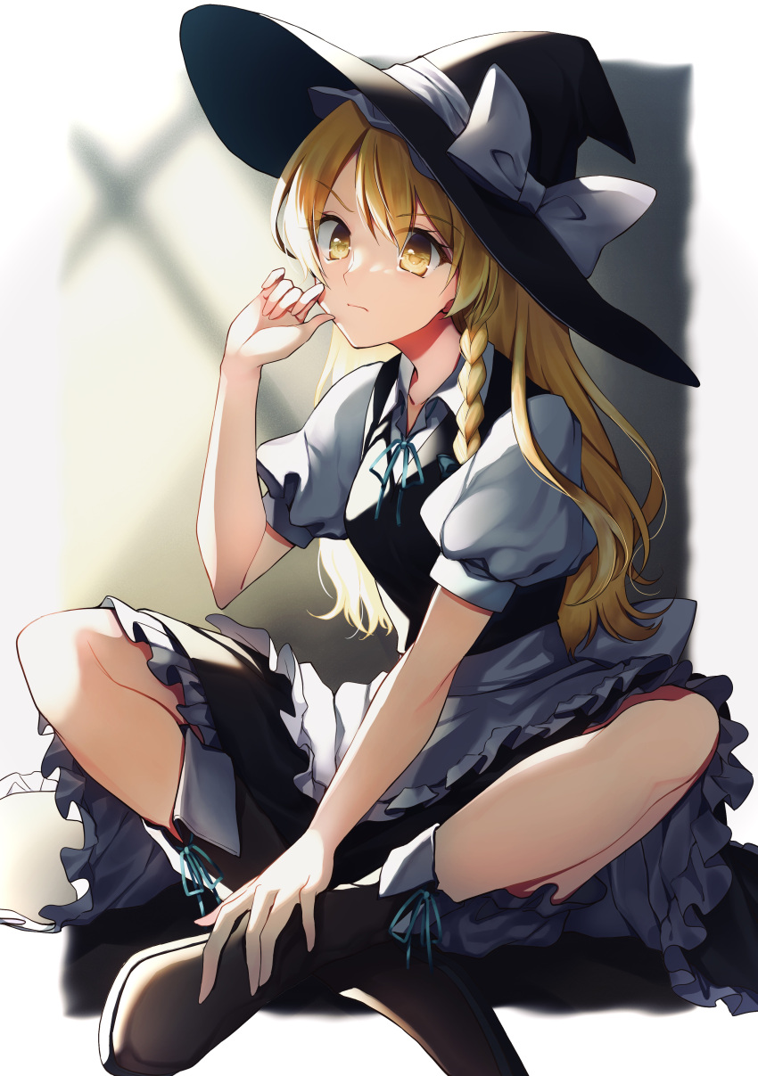1girl absurdres black_skirt black_vest blonde_hair bloomers boots bow braid hat hat_bow highres indian_style kaede_(mmkeyy) kirisame_marisa long_hair neck_ribbon petticoat puffy_short_sleeves puffy_sleeves ribbon short_sleeves side_braid single_braid sitting skirt solo touhou underwear vest white_bow witch_hat yellow_eyes
