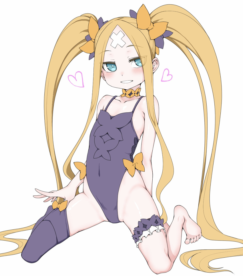 1girl abigail_williams_(fate) bandaid bandaid_on_forehead bangs bare_shoulders barefoot blonde_hair blue_eyes blush bow commentary_request crossed_bandaids fate/grand_order fate_(series) flat_chest full_body hair_bow heart highres leg_garter leotard long_hair looking_at_viewer multiple_bows multiple_hair_bows neck_garter orange_bow parted_bangs purple_bow purple_leotard senbei_(avocadochaya) sidelocks single_thighhigh sitting smile solo thigh-highs twintails uneven_legwear very_long_hair wariza