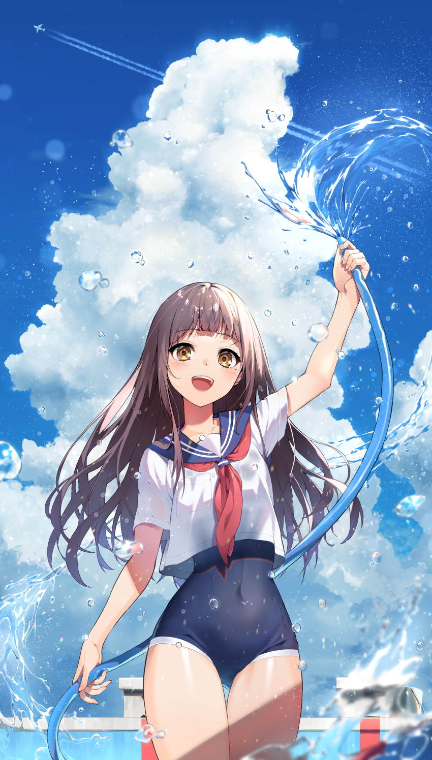 1girl :d absurdres bangs blue_sky blush brown_eyes brown_hair clouds collarbone commentary_request covered_navel cowboy_shot day highres holding kabu_(niniko2ko) long_hair looking_at_viewer mole mole_under_eye neckerchief one-piece_swimsuit open_mouth outdoors red_neckwear sailor_collar school_swimsuit school_uniform serafuku shirt short_sleeves sky smile solo standing swimsuit swimsuit_under_clothes water white_shirt