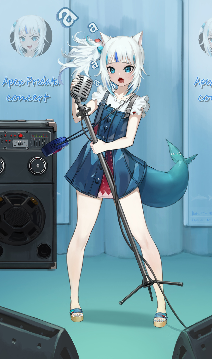 1girl absurdres animal_ears bag blue_dress blue_eyes blue_hair blush cat_ears chronodash denim_dress dress english_commentary fish_tail full_body gawr_gura highres holding holding_microphone holding_microphone_stand hololive hololive_english legs microphone microphone_stand multicolored_hair nail_polish open_mouth sandals serious shark_tail sharp_teeth short_sleeves shoulder_bag side_ponytail smile solo speaker stage standing streaked_hair tail teeth white_hair