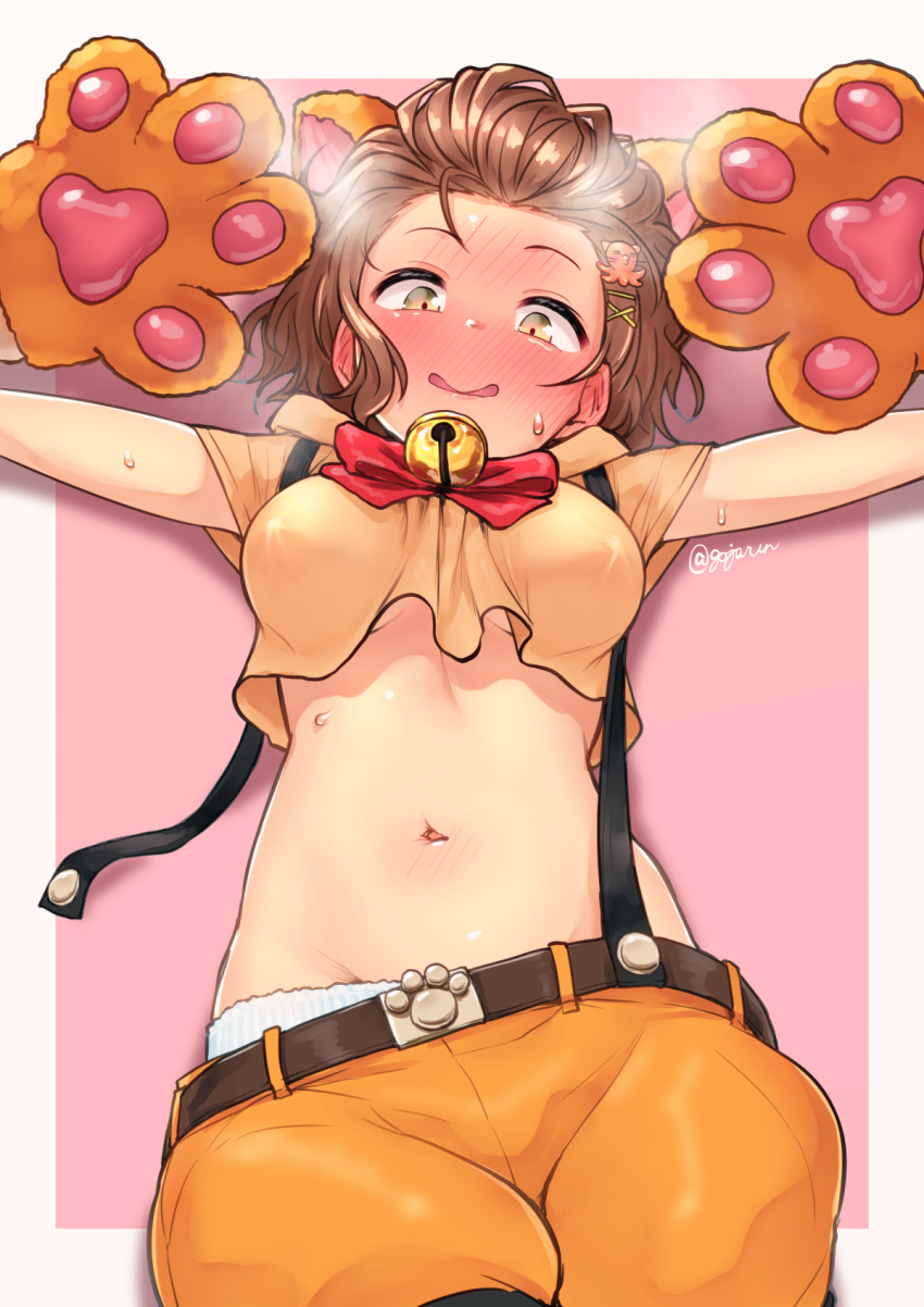 1girl bell blush breasts brown_eyes brown_hair commentary_request gloves gojarun hair_ornament highres idolmaster idolmaster_cinderella_girls jingle_bell looking_at_viewer medium_breasts midriff namba_emi navel paw_gloves paws pink_background short_hair simple_background solo twitter_username two-tone_background white_background x_hair_ornament