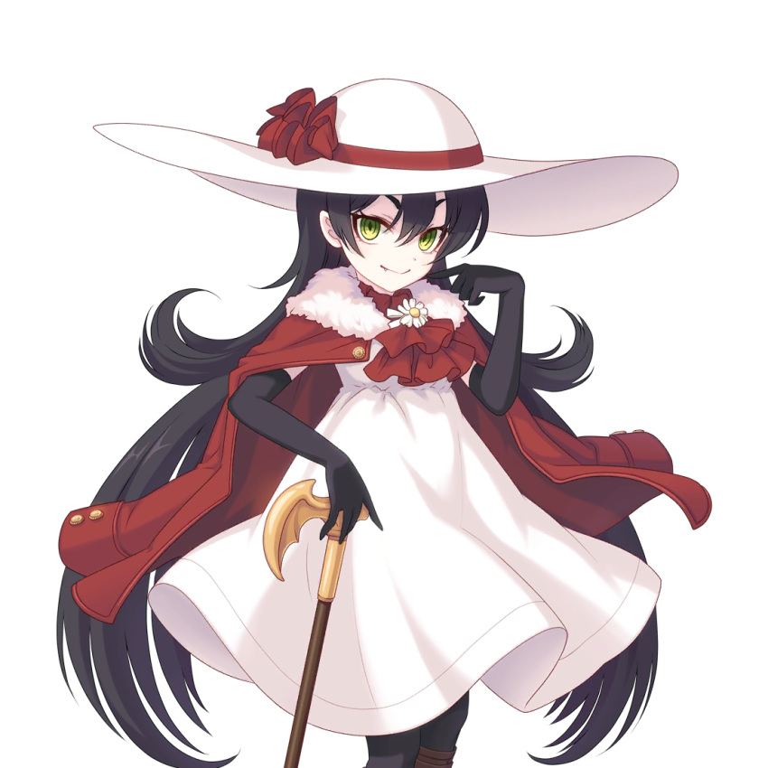 1girl black_gloves black_hair cane dress gloves green_eyes holding holding_cane illya_(princess_connect!) looking_at_viewer official_art princess_connect! transparent_background white_dress white_headwear