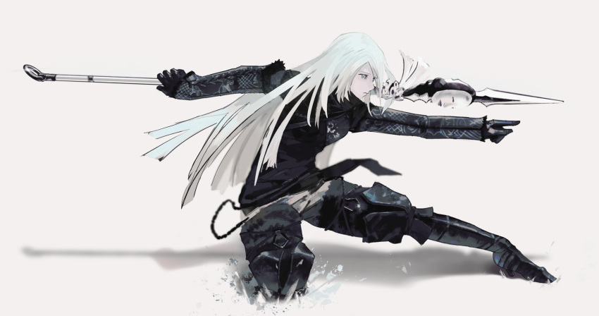 1girl alternate_costume black_gloves blue_eyes boots cal_(calcalpoi) gloves high_heel_boots high_heels highres holding holding_polearm holding_spear holding_weapon long_hair nier_(series) nier_automata official_alternate_costume outstretched_hand polearm shadow simple_background solo spear weapon white_hair yorha_type_a_no._2
