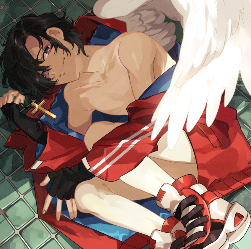 1boy angel_wings bare_legs black_gloves black_hair blue_coat brown_eyes closed_mouth coat collarbone commentary_request cross fingerless_gloves gloves high_tops kyouichi looking_at_viewer lying male_focus off_shoulder on_floor on_side original red_coat red_footwear red_shorts shade shirtless short_hair shorts smile solo tile_floor tiles two-sided_coat white_footwear wings