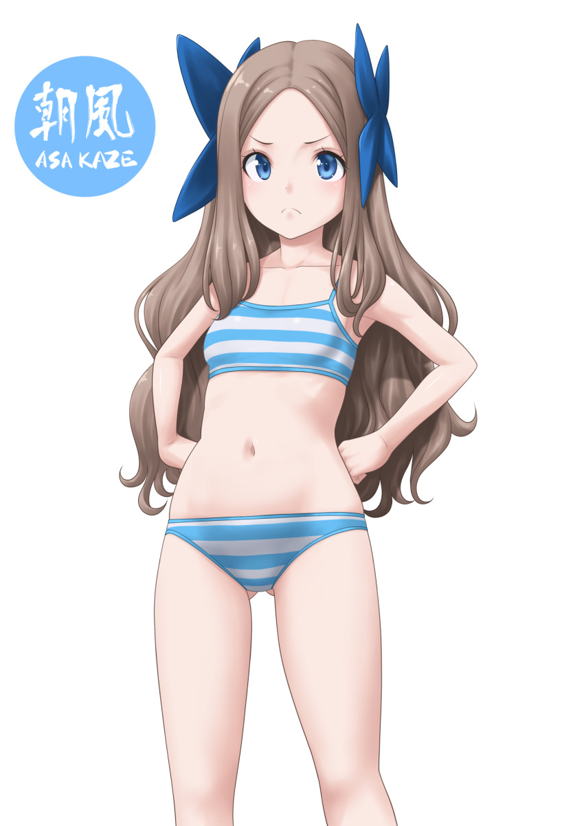 1girl artist_logo asakaze_(kancolle) bangs blue_bow blue_eyes bow bra breasts character_name forehead hair_bow hands_on_hips highres kantai_collection light_brown_hair long_hair navel panties parted_bangs sidelocks simple_background small_breasts solo striped striped_bra striped_panties t2r underwear underwear_only wavy_hair white_background
