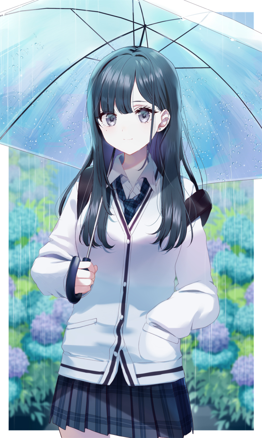 1girl backpack bag bangs black_hair black_neckwear black_skirt blue_flower blue_umbrella blush breasts cardigan closed_mouth collared_shirt commentary_request dress flower grey_eyes hand_in_pocket highres holding holding_umbrella hydrangea long_hair long_sleeves looking_at_viewer misumi_(macaroni) mole mole_under_eye necktie original plaid_neckwear pleated_skirt purple_flower rain school_uniform shirt skirt sleeves_past_wrists small_breasts smile solo umbrella white_cardigan white_shirt