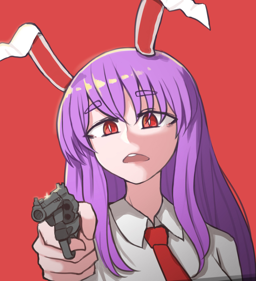 1girl absurdres animal_ears bangs collared_shirt dirty_harry english_commentary eyebrows_visible_through_hair gun handgun highres light_purple_hair long_hair mata_(matasoup) necktie open_mouth parody purple_hair rabbit_ears red_background red_eyes red_neckwear reisen_udongein_inaba revolver shirt simple_background solo touhou weapon white_shirt